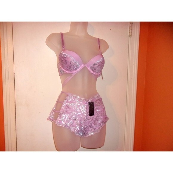 Youmita 38B Lavender Mist Metallic Lace Bra & Large Coordinating Boyshort - Picture 1 of 9
